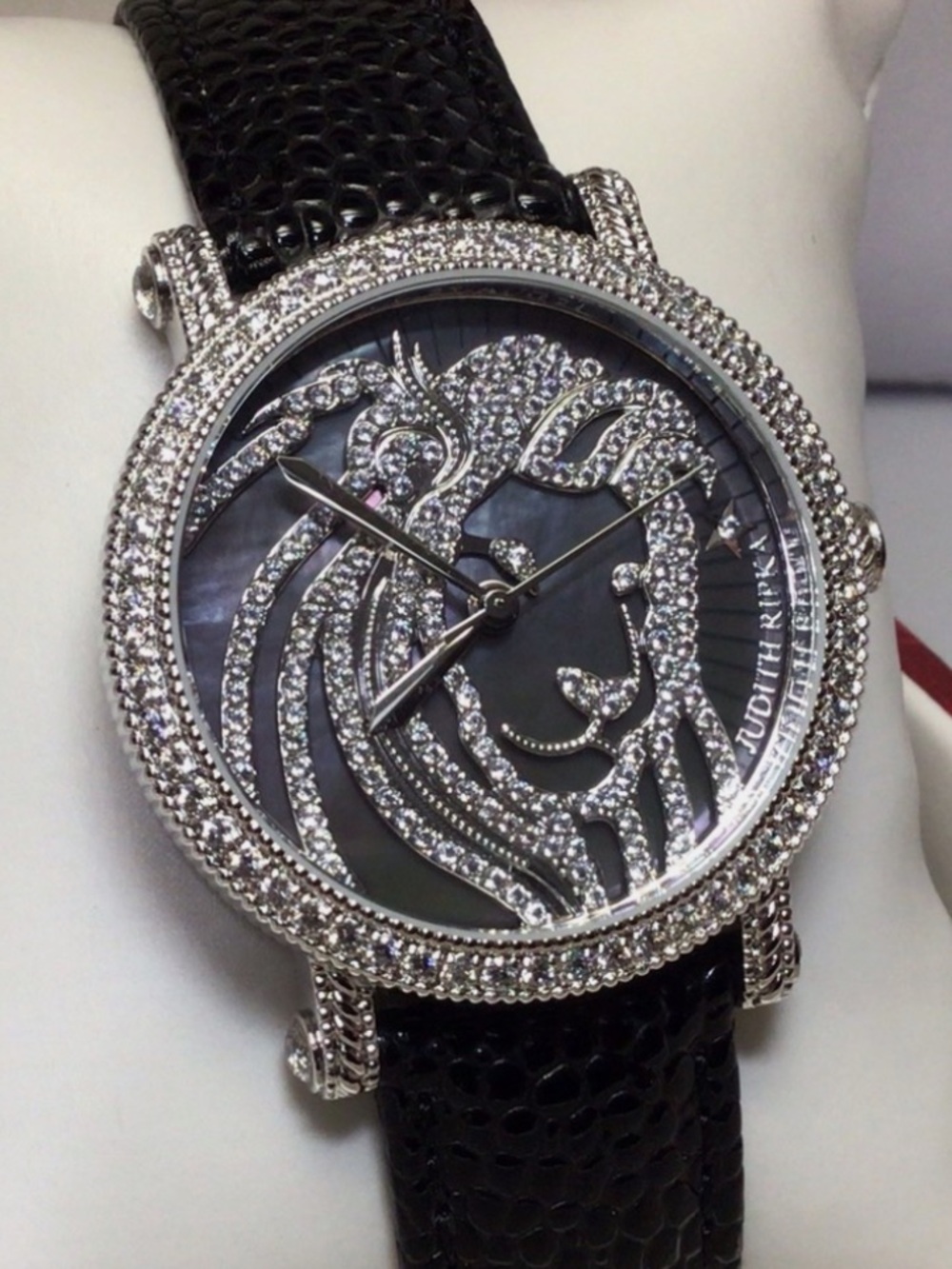 Judith Ripka Silver Lion Watch with Black Stingray leather Band